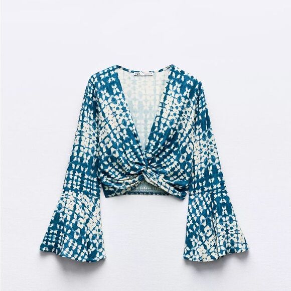 Zara Blue and White Bell Sleeve Crop Blouse - Picture 1 of 1